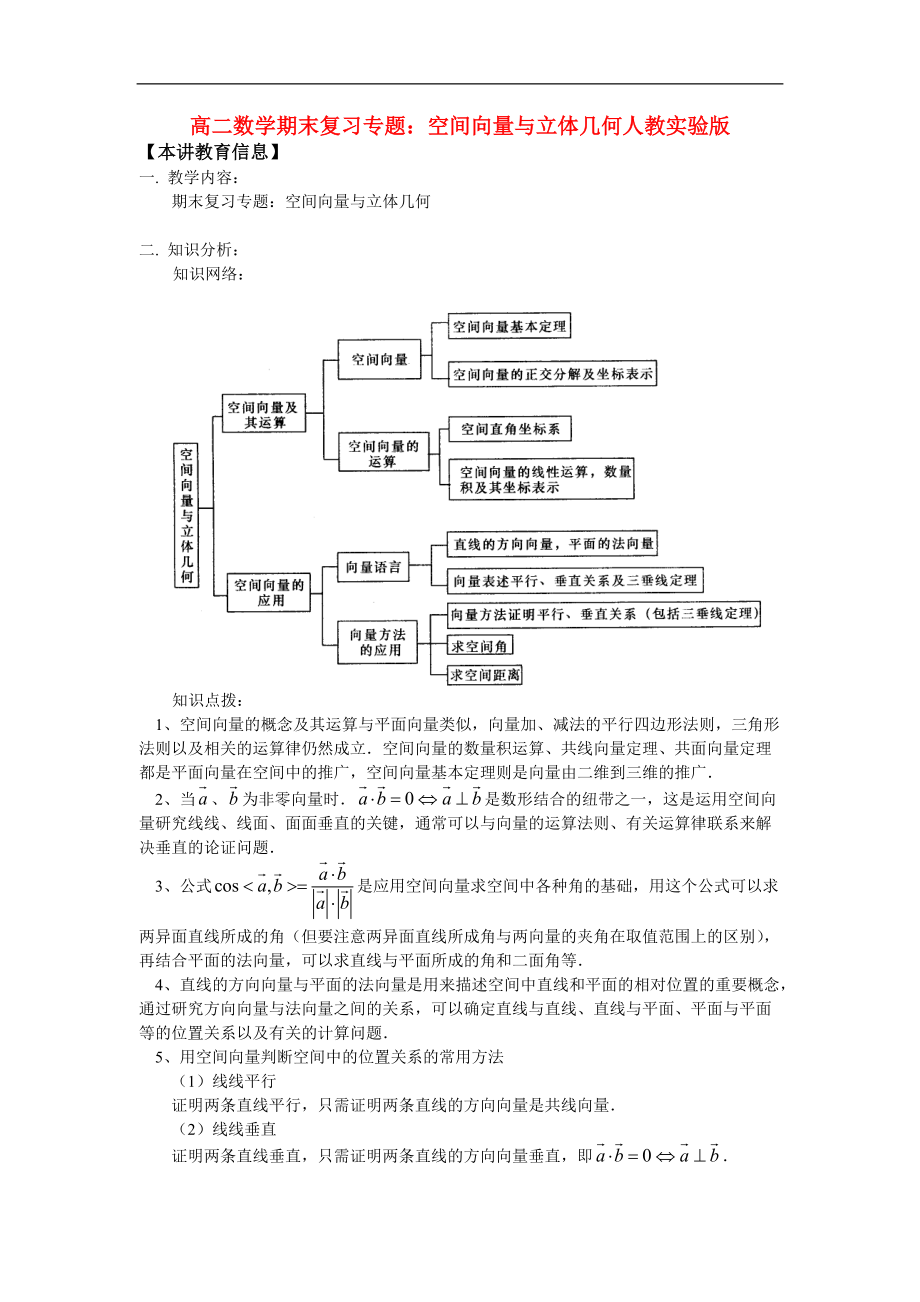 高二数学期末复习专题空间向量与立体几何人教实验版_第1页