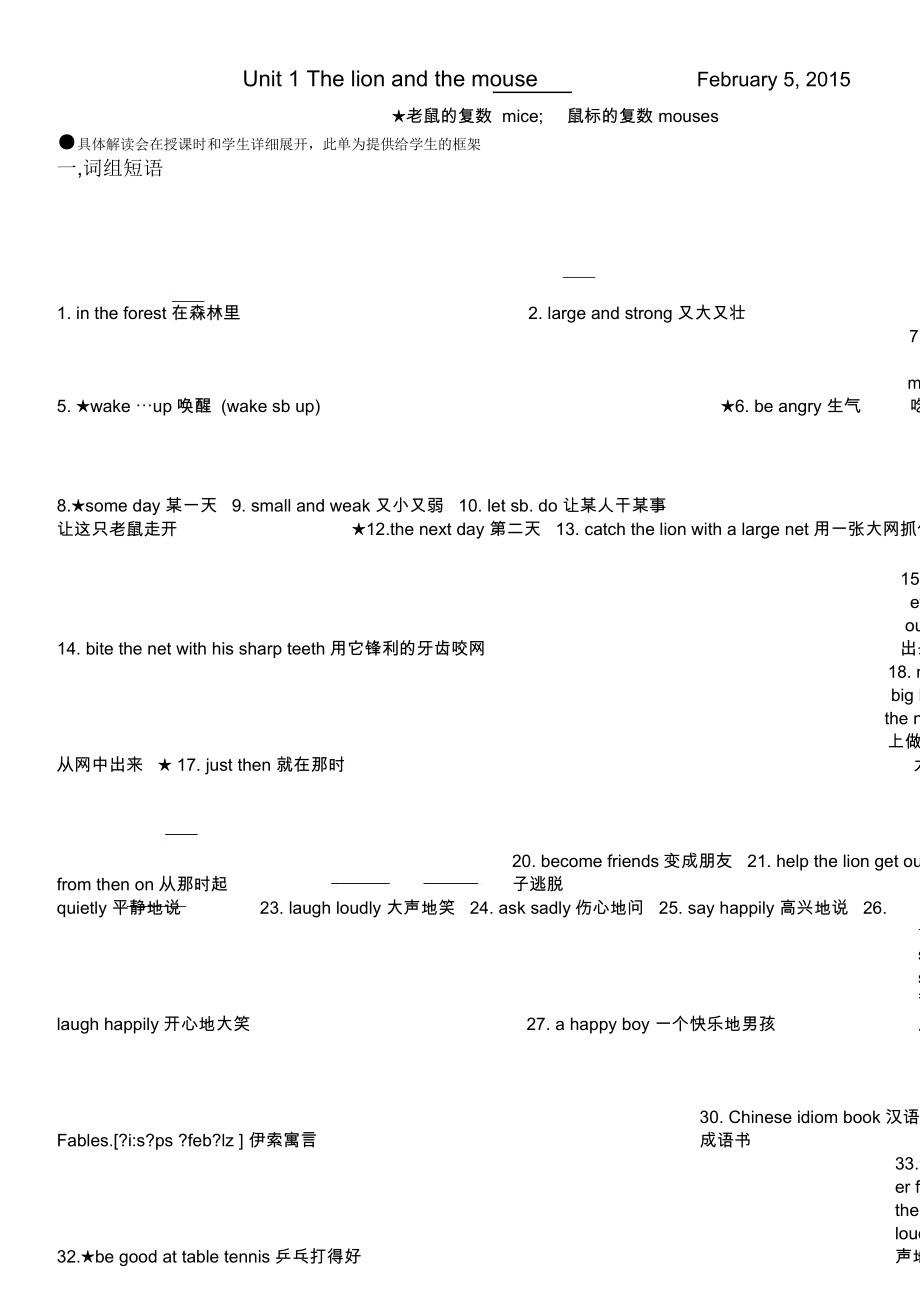 译林英语六年级6BUnit1Thelionandthemouse知识点配习题和答案自编版合计1万字_第1页
