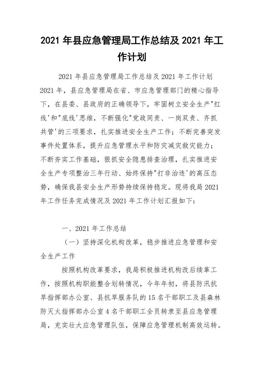2021年县应急管理局工作总结及2021年工作计划_第1页