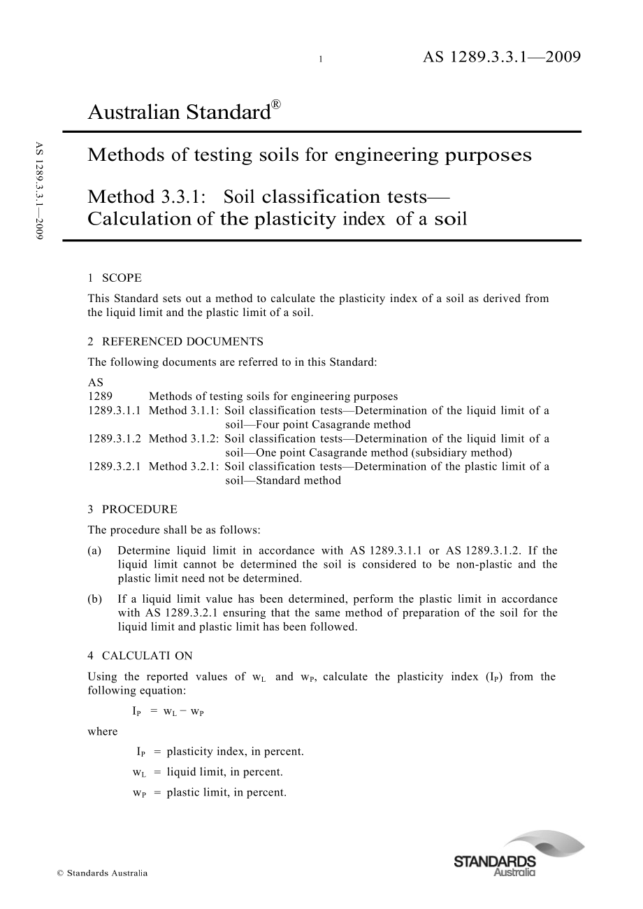 【AS澳大利亚标准】AS 1289.3.3.1 Methods of testing soils for engineering purposes Method 3.3.1 Soil classification testsCalculation of the plasticity index of a soil_第1页