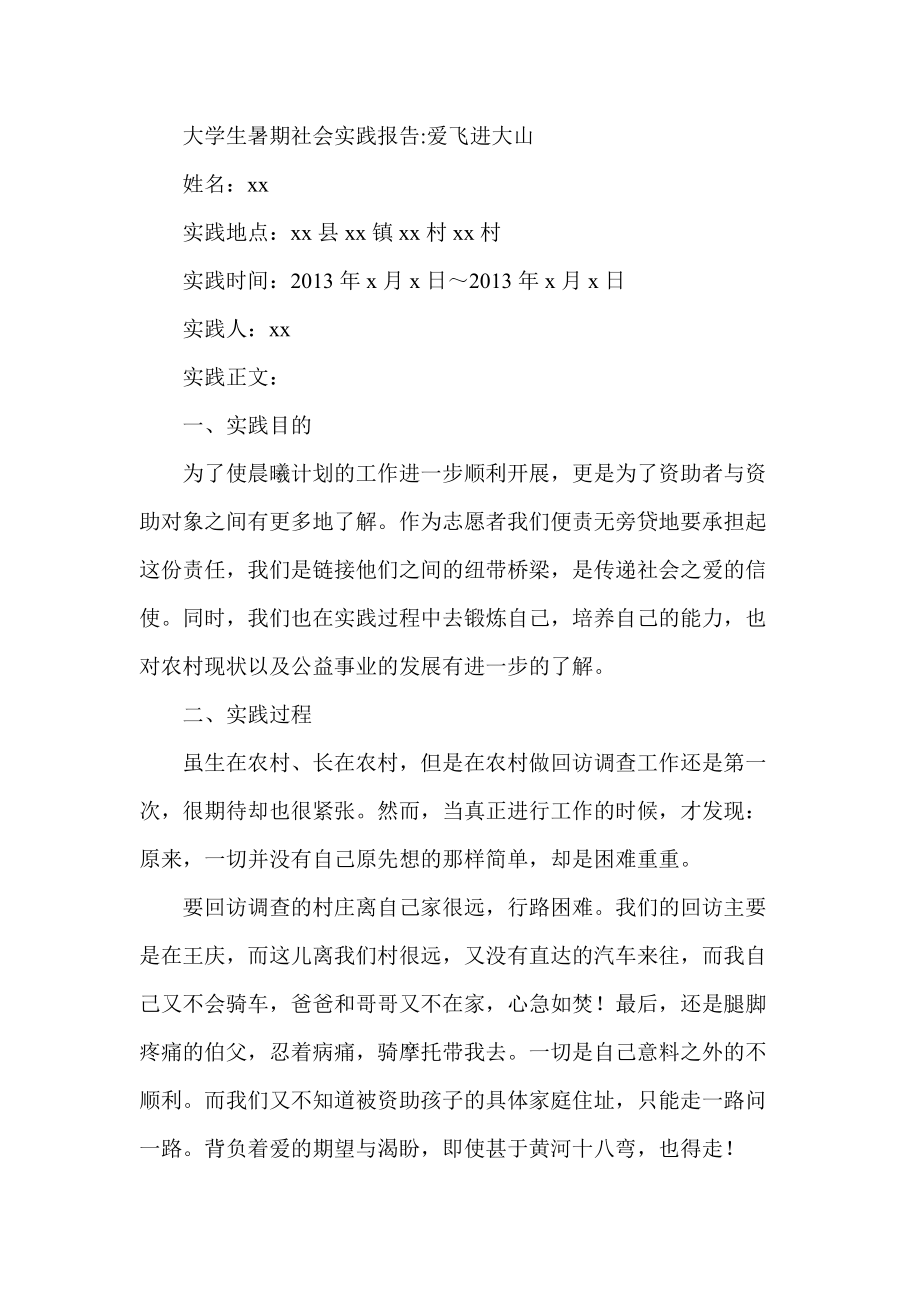 大学生暑期社会实践报告 爱飞进大山_第1页