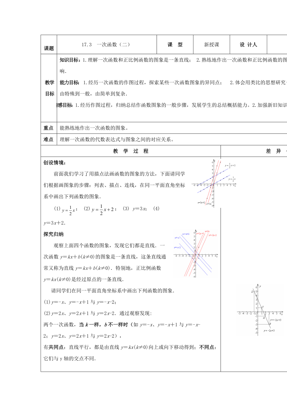 吉林省长市第104中学华师大版八年级数学下册17.3 一次函数二教案_第1页