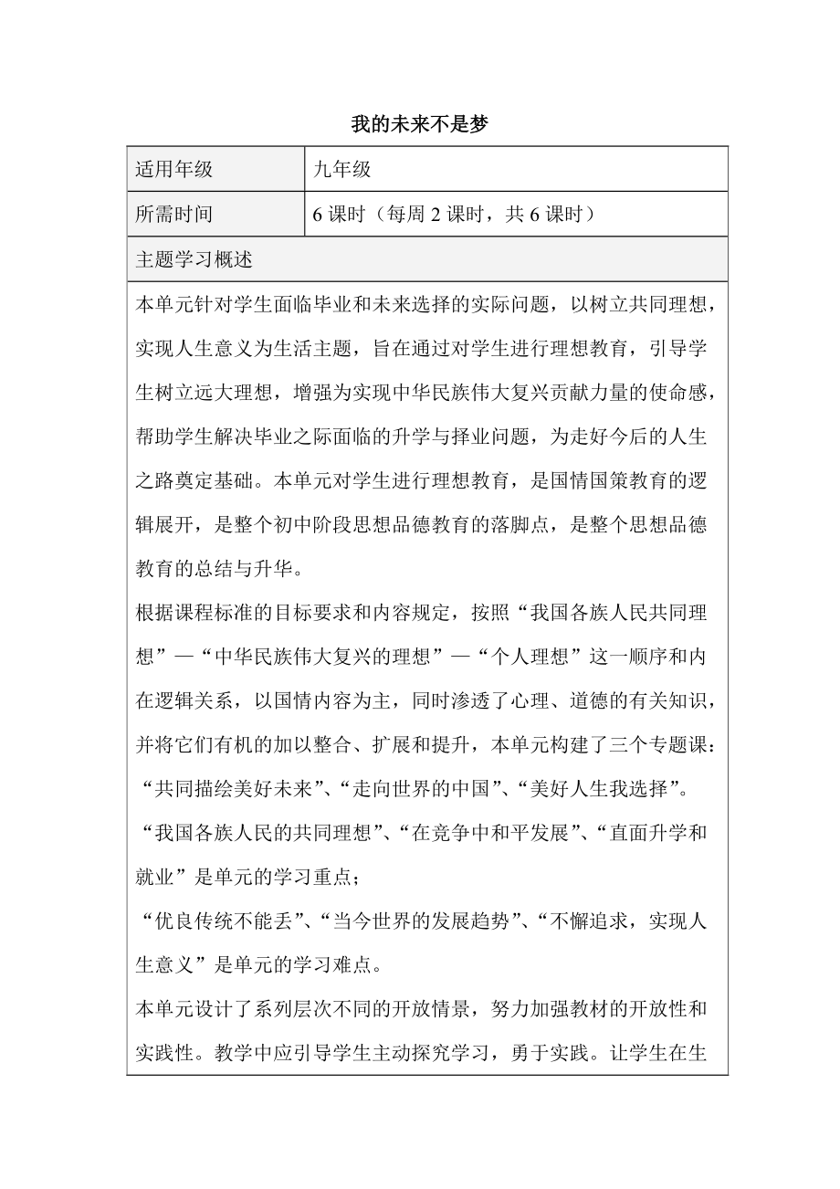 初中思想品德《我的未来不是梦》单元教学设计以及思维导图4_第1页