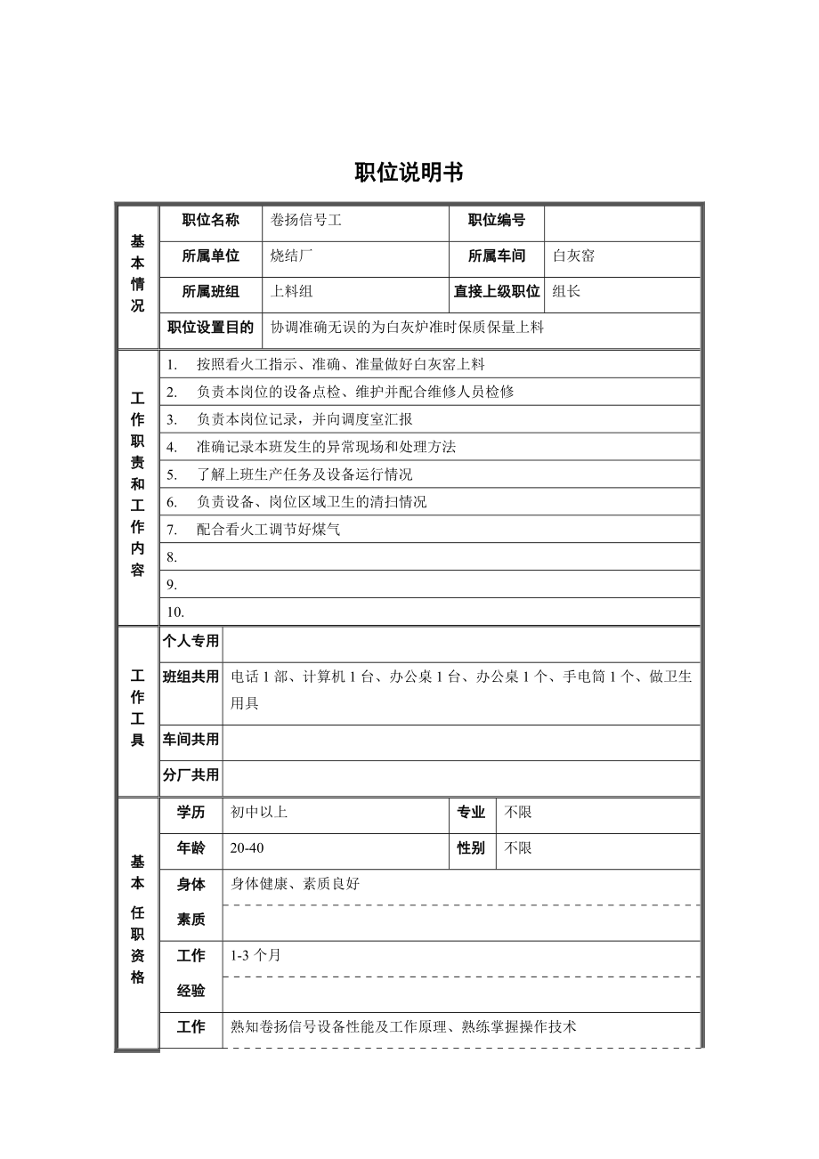烧结厂白灰窑车间上料组卷扬信号工职位说明书_第1页