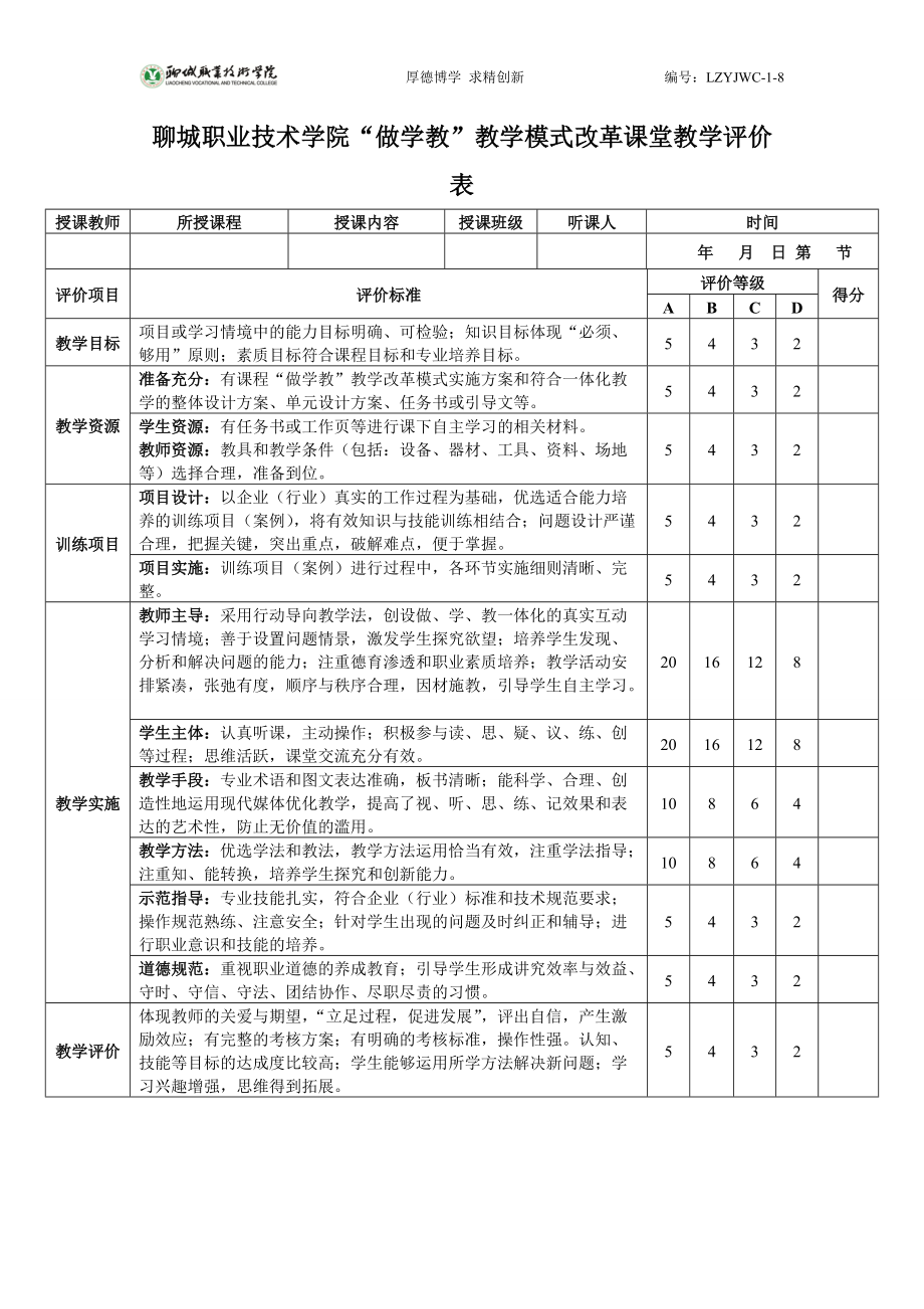 聊城职业技术学院做学教教学模式改革课堂教学评价表_第1页