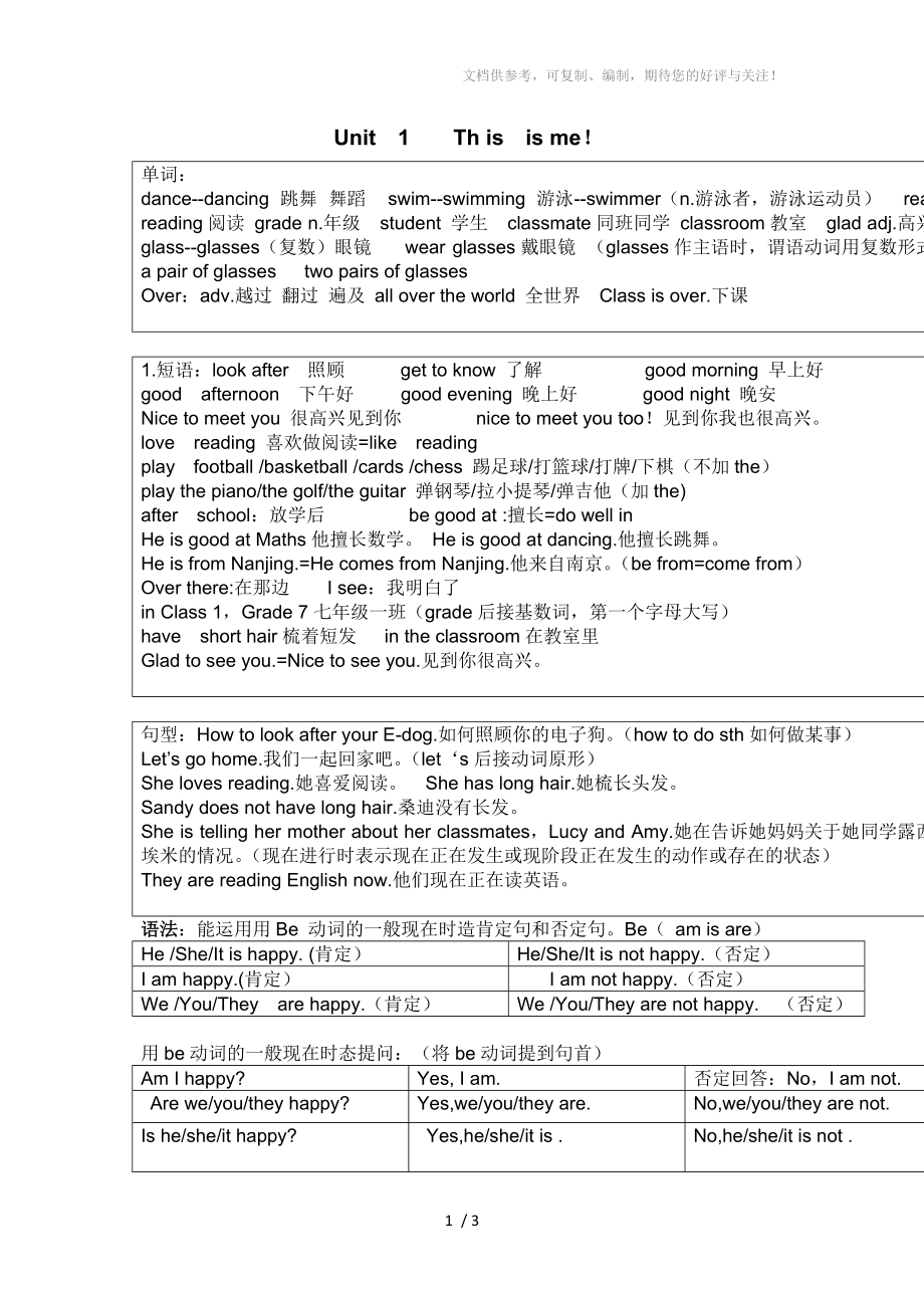 译林版七年级英语上册Unit1Thisisme知识点_第1页