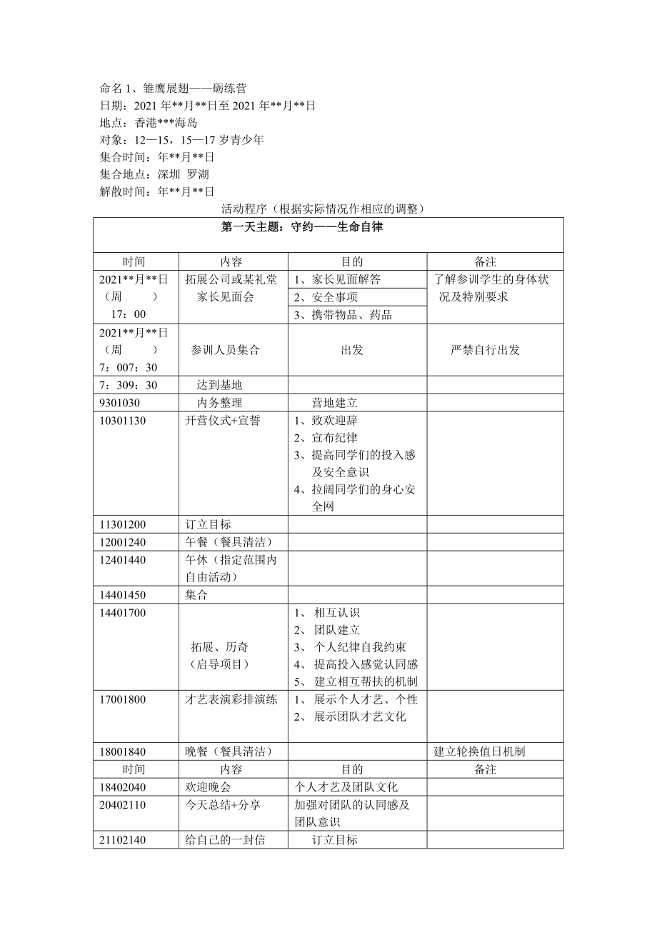 雏鹰展翅——砺练营夏令营行程方案(DOC6页)_第1页