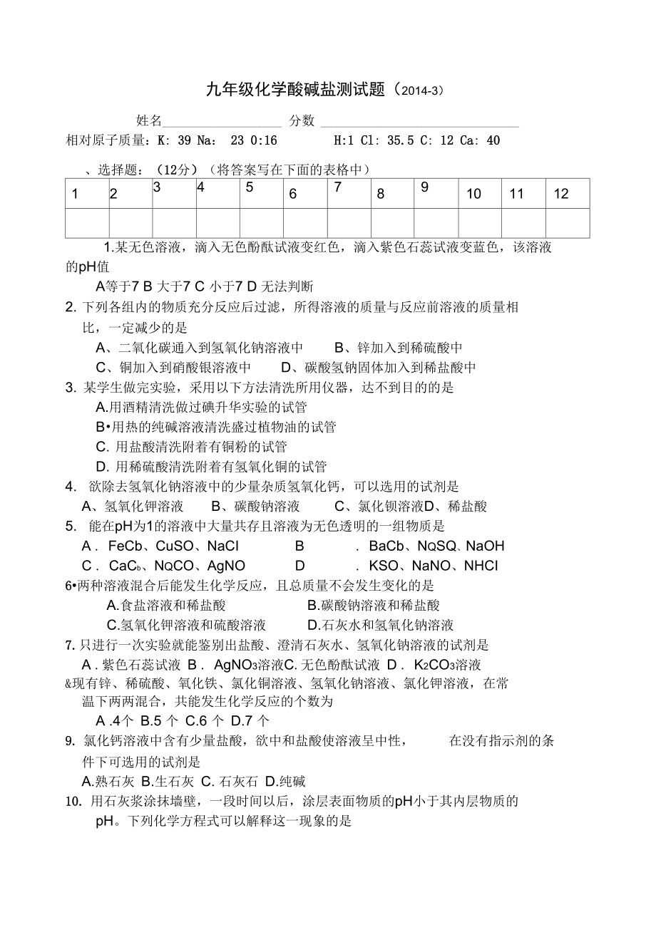 2014酸碱盐测试_第1页