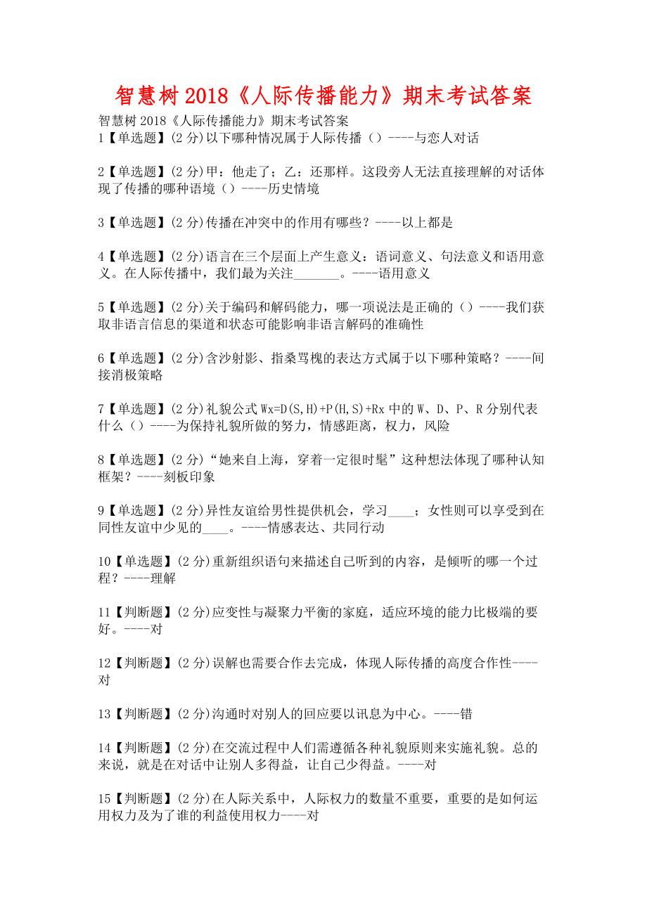 智慧树2018《人际传播能力》期末考试含答案_第1页