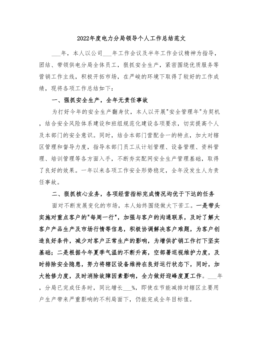 2022年度电力分局领导个人工作总结范文_第1页