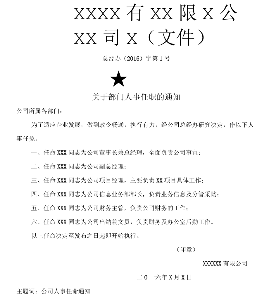 公司人事任命及岗位工作职责责任红头文件_第1页