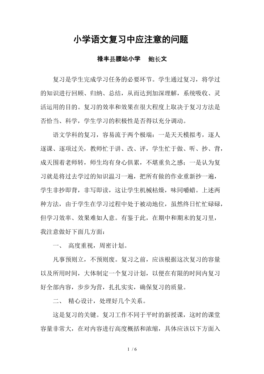小学语文复习应注意的问题_第1页